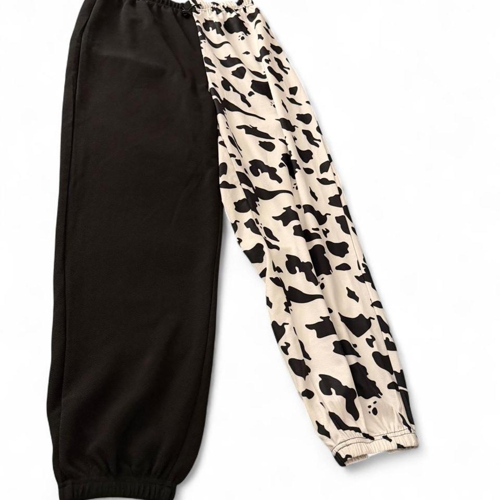 Womens Cow Print Split Leg Joggers Black White Two Tone Sweatpants M